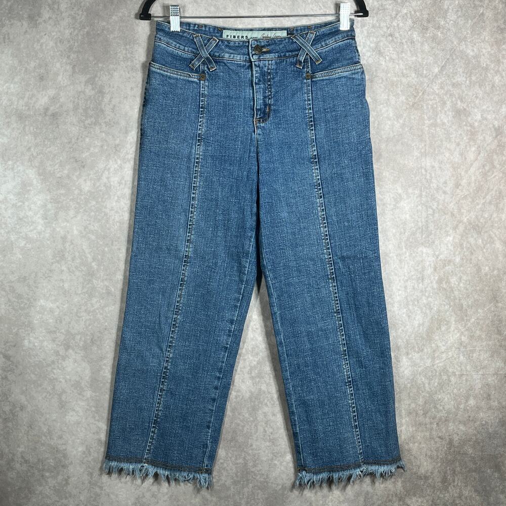 Fibers Jeans Womens‎ Size 8 Blue Medium Wash Denim Cropped Frayed Hem High Rise